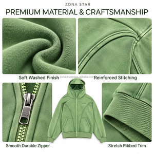ZONA STAR Unisex Oversized <b>Zip</b>-Up <b>Hoodie</b> Green French Terry 100% Cotton Streetwear Casual with Front <b>Pocket</b> Winter Wear - Product Image 4