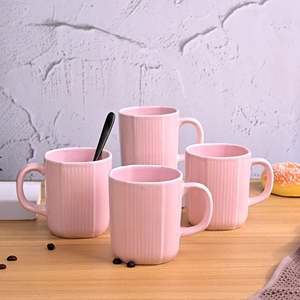 ชุดแก้วกาแฟเซรามิกเคลือบสีชมพูอ่อน 4 ใบ ใช้กับไมโครเวฟได้ ดีไซน์น่ารักลายดอกไม้ พร้อมช้อน สำหรับคู่รัก - Product Image 4