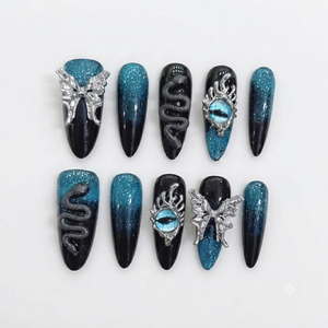 Long Almond Shape Blue Black Mirror Base Silver Snake Flame Eye Charms Layered Metallic Design Pre-designed Finger Cool Edgy Gel - Product Image 1