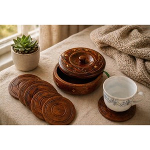 Premium Round Wood <b>Coaster</b> Set Vintage Wooden <b>Drink</b> Cup Mat with Storage Holder Box Durable Restaurant Cafe Bar Tableware - Product Image 4