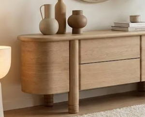 Mueble para TV minimalista de madera de roble claro, consola curva con patas tipo pilar, mueble de almacenamiento multimedia para sala de estar, precio de fábrica. - Product Image 6