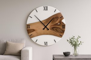 Reloj de Pared Moderno de Madera con Números Romanos y Detalles Verdes, Acabado Pulido, Reloj Decorativo para Sala de Estar, Oficina en Casa - Product Image 1