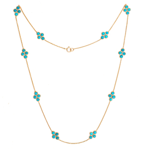Collier floral en turquoise naturelle en or jaune massif 14 carats avec pierre précieuse ronde sertie clos, chaîne fleurie 'Pierre de naissance de décembre' - Product Image 1