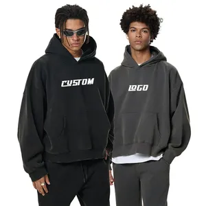 Sweat-shirt à capuche unisexe 100 % coton délavé à l'acide, effet vieilli, épais, uni, vierge, coupe oversize, modèle pull-over – Meilleures ventes - Product Image 2