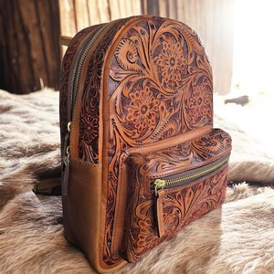 Hand <b>Tooled</b> Genuine Leather <b>Backpack</b> Western Floral Design Travel School Laptop <b>Bag</b> - Product Image 3