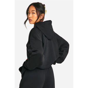 ชุดเสื้อสเวตเชิ้ตมีฮู้ดสีดำสำหรับผู้หญิง ทรงหลวม แขนยาว สีพื้น ชุดลำลองมีกระเป๋าข้าง ผ้าฝ้ายเนื้อปานกลาง - Product Image 3