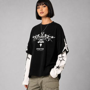 Camiseta de Mujer con Mangas en Contraste Negras, Estampado Gráfico, Estilo Urbano Holgado, Uso Diario Informal, 100% Algodón, Corte Holgado, Tejido Jersey - Product Image 1