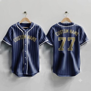 Maillot de baseball personnalisé bleu marine à fines rayures dorées pour homme, uniforme de sport respirant à boutons, vêtements d'équipe sublimés, vente en gros - Product Image 1