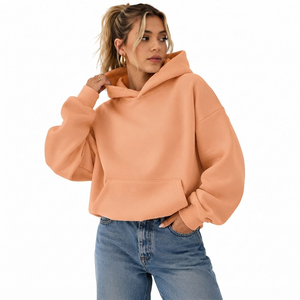 Sweat-shirt à capuche surdimensionné pour femme, couleur unie, en molleton de coton et fibre de bambou, respirant, longueur normale, manches longues - Product Image 2