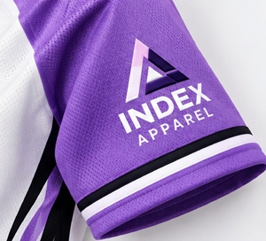 Camiseta de Béisbol para Mujer Index Apparel, Blanca y Morada, Cuello en V, Manga Corta, Cierre de Botones, Ajustada, con Estampado Sublimado 23 - Product Image 5