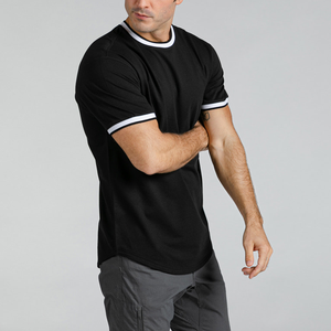 T-shirt Ringer Homme Noir à Col Rond et Ourlet Courbé, Coupe Longue, Style Streetwear, en Coton, Personnalisable, Vierge - Product Image 5