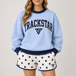 Conjunto Deportivo Informal Personalizado de 2 Piezas para Mujer, Camiseta de Cuello Redondo con Estampado de Puntos Invertidos en Azul Claro y Pantalones Cortos - Product Image 1
