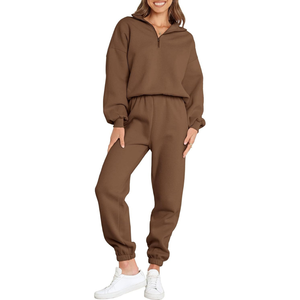 <b>Brown</b> Vintage Half Zip Pullover <b>Jogger</b> Tracksuit Warm Fleece Blend Premium Fabric Cozy Winter Women's Tracksuits - Product Image 1