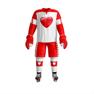 Uniforme de Hockey sobre Hielo Personalizado con Estampado de Corazón, Rojo y Blanco, Sublimado, Manga Larga, Cuello en V, Absorbe la Humedad, Ligero, Cintura Elástica, para Adultos - Product Image 2
