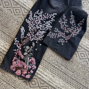 High Waisted Wide Leg Denim Pants With Floral Embroidery Dark Wash Loose Fit Full Length Women Casual Spring Style - Product Image 4