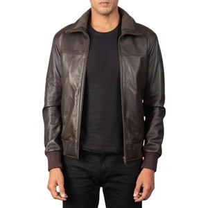 Men's Dark <b>Brown</b> Genuine <b>Leather</b> Moto <b>Jacket</b> Stand Collar Zipper Closure Regular Fit Autumn Style - Product Image 1