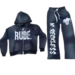 Custom Acid Washed Vintage <b>Plus</b> <b>Size</b> Winter Streetwear Rhinestone Hoodie Sweatpants 2 Piece <b>Joggers</b> <b>Set</b> Men - Product Image 1