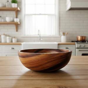Collection Natural Acacia Wood <b>Salad</b> <b>Bowl</b> <b>and</b> <b>Servers</b> Handcrafted Dishwasher Safe Classic Round Design for Parties - Product Image 3