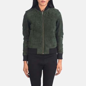 <b>Women's</b> Green <b>Suede</b> Bomber <b>Jacket</b> Full Sleeve Stand Collar Zipper Closure Autumn Wear Fashionable <b>Women</b> <b>Jackets</b> - Product Image 1