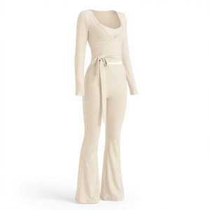 Combinaison de yoga pour femme, couleur personnalisable, à col licou et manches longues, taille mi-haute, jambe évasée, ceinture à nouer, extensible, séchage rapide, longueur intégrale, 2 pièces - Product Image 3