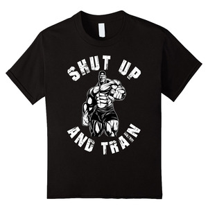 T-shirt noir à manches courtes pour homme avec motif homme musclé et texte « Shut Up And Train » imprimé sur le devant, style décontracté, col rond - Product Image 1