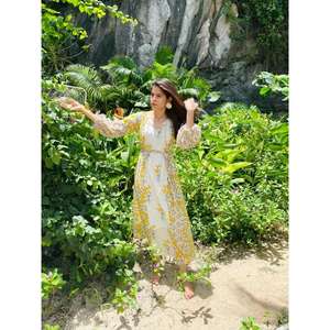 เดรสยาวผ้าฝ้ายแท้เนื้อนุ่ม น้ำหนักเบา ระบายอากาศได้ดี คอวี แขนพอง ลายมัดย้อม สีสันปรับแต่งได้ 100% ระบายอากาศได้ดี - Product Image 1