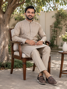 <b>Mens</b> Beige Cotton <b>Kurta</b> Pajama Set Stylish Thread Work Tassel Detail Indian Traditional Festival Outfit Wholesale B2B Custom - Product Image 5