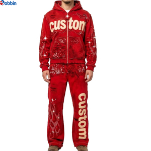 Conjunto de Sudadera con Capucha Casual Estampada Personalizada de Última Tendencia para Hombre, Pantalones de Chándal Acampanados Bordados, Chándal Vintage de Estilo Urbano de Gran Gramaje - Product Image 1