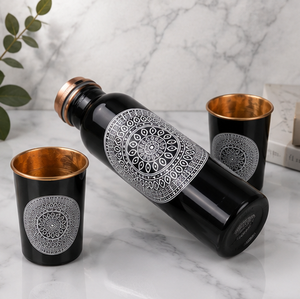 Ensemble de bouteilles en verre gravées de mandalas noirs brillants de qualité supérieure, thermos de voyage portable, design bohème noir et or - Product Image 5