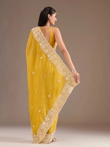 KV Women's Embroidered, Embellished Bollywood Pure Silk <b>Saree</b> With Unstitched Blouse (<b>Yellow</b>) - Product Image 5
