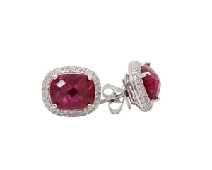 Pendientes de Oro Blanco de 18k con Turmalina Rosa Natural de 6.19ct y Halo de Diamantes, Joyas Memoria, Venta al Por Mayor - Product Image 1
