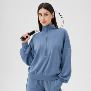 เสื้อสเวตเชิ้ตผู้หญิงทรงโอเวอร์ไซส์ คอตั้งแบบซิปครึ่งตัว สีพื้น ไหล่ตก แขนยาว ผ้าถักนิตติ้ง ผ้าฝ้าย ใส่สบายๆ สำหรับฤดูใบไม้ร่วง - Product Image 6