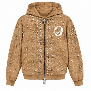 Sweat-shirt à capuche personnalisé marron camel avec fermeture éclair, orné de perles, style streetwear décontracté, manches longues - Product Image 1
