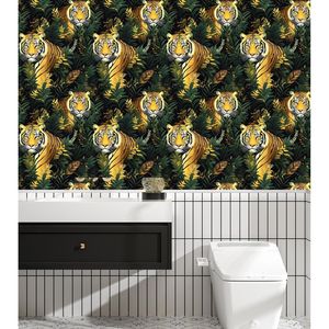 Papel Tapiz Autoadhesivo con Diseño de Tigre, Papel de Contacto con Hojas Verdes Vintage, Mural de Pared con Animales Tropicales, Vinilo Autoadhesivo Impermeable para el Hogar - Product Image 2
