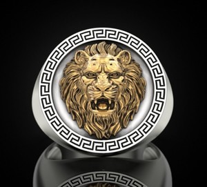 925 <b>Silver</b> Greek Border Lion Face <b>Ring</b> Gold Plated Animal Head Signet <b>Ring</b> For <b>Men</b> Fashion Jewelry - Product Image 4