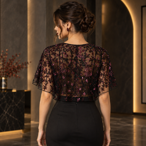 Chemisier élégant noir à sequins floraux, manches cape transparentes, col rond, brodé, haut de soirée |   Haut de gamme pour femmes, idéal pour les occasions formelles et les soirées - Product Image 4