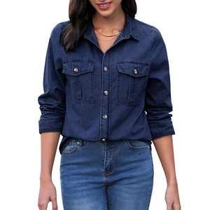 Regular Korean Woven Denim Shirts Women Vintage Single-Breasted Shirt Embroidered Bow Casual Blue <b>Top</b> Summer Autumn Spring - Product Image 1