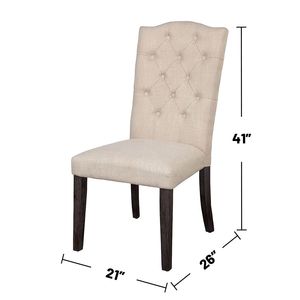 <b>Set</b> of 2 Beige and Weathered Espresso <b>Linen</b> Upholstered Dining Chairs with Tufted Back - Product Image 3