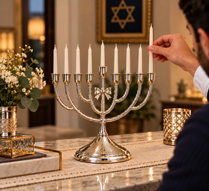 Ménorah de Hanouka de luxe en laiton doré, 9 branches, avec design en forme de nœud, porte-bougie traditionnel pour activités religieuses - Product Image 3