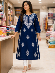Elevate Your Everyday Ethnic Style with This Elegant Navy Blue Embroidered <b>Kurta</b> Buy Direct From Supplier - Product Image 1