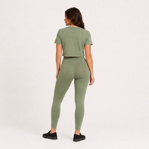 Soft Cotton <b>Crop</b> T Shirt with High Waist Athletic Leggings Lightweight Workout Yoga Gym Fitness Clothing Set - Product Image 2