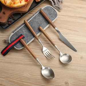 Juego de cubiertos de acero inoxidable con mango de madera, tenedor, cuchara, cuchillo, juego de cubiertos modernos para mesa de comedor, utensilios de cocina - Product Image 1