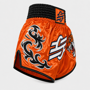 Shorts de MMA orange avec imprimé tigre, logo frontal imprimé par transfert thermique, unisexe, coupe athlétique pour adulte, séchage rapide, vêtements légers pour la boxe - Product Image 3