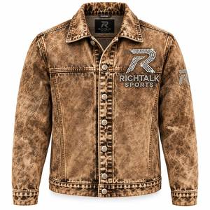 Veste en jean délavé pour homme, imprimé léopard, logo à paillettes, col rabattu décontracté, coupe classique, style automne - Product Image 1