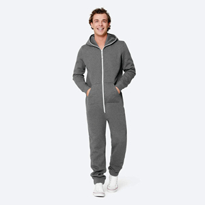 Men's Gray Hooded Zip-Up <b>Jumpsuit</b> Regular Fit Cotton Fleece Casual Autumn Wear <b>Pocket</b> Design Front Logo - Product Image 2