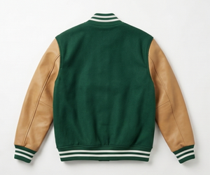 Veste universitaire verte pour homme avec manches en PU marron, boutonnée sur le devant, col rabattu, coupe classique, vêtement d'extérieur décontracté pour l'automne - Product Image 2