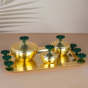 Golden Brass <b>Incense</b> Burner Set with Green Flower Knobs for Religious <b>Aromatherapy</b> Use - Product Image 2