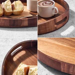 Bandeja de Servir de Madera de Acacia con Asas - Bandeja Decorativa Redonda para Mesa de Centro, Desayuno en la Cama, Sala de Estar, Cocina - Product Image 3