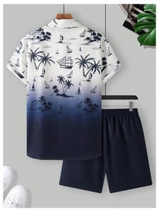 Ensemble assorti homme imprimé feuilles de palmier, chemise à manches courtes et short de plage, tenue décontractée estivale colorée, ensemble deux pièces homme assorti - Product Image 5