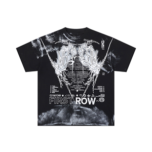 First Row American Street Style Cotton T-<b>shirt</b> Oversized Vintage Wash, <b>Black</b> & White Custom Print Short Sleeve - Product Image 1